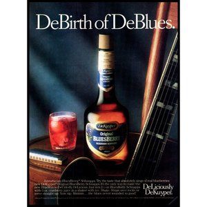 1988 DeKuyper Blueberry Schnapps Vintage Print Ad Blues Harmonica Guitar Art
